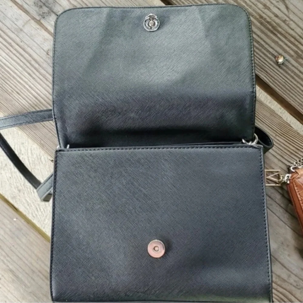 GUESS Black Faux Leather Rhinestone Flower Charm Shoulder Bag